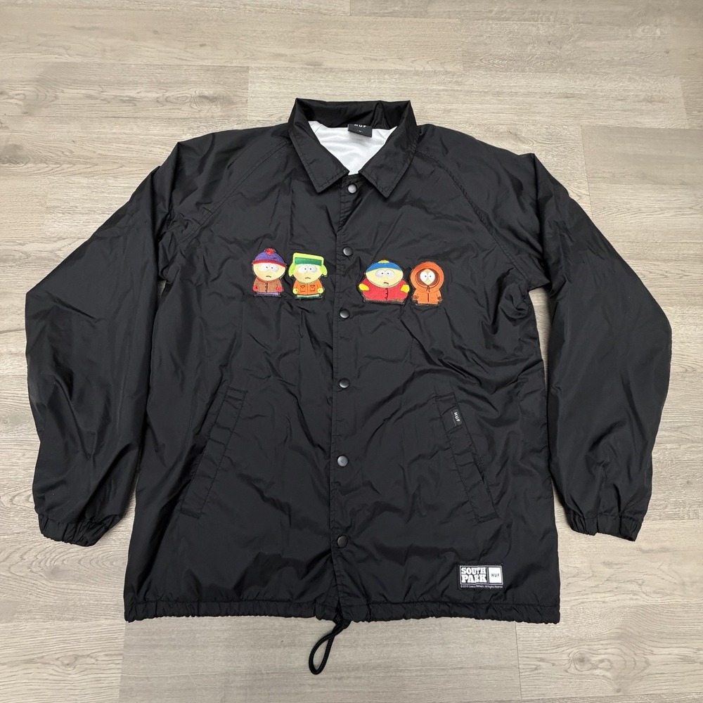 HUF x South Park Coach Jacket Mens M Black Embroidered Snap Windbreaker 2017